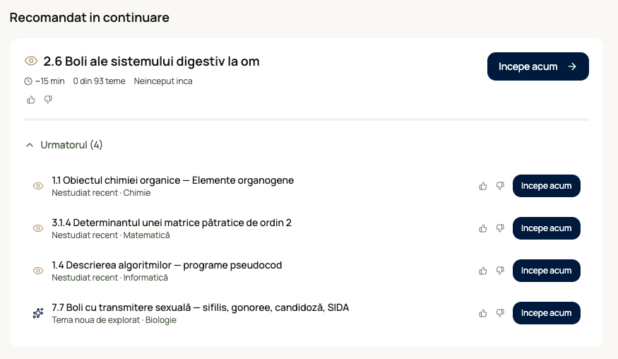 Planificator de studiu cu temele recomandate